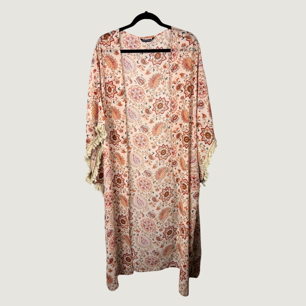 BloomChic Kimono 14-16 Beige Paisley Floral Fringe Open Front Cardigan Boho